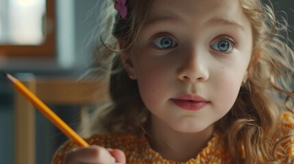 A young girl holds a pencil and looks directly at the camera