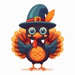 © kharom - Thanksgiving turkey wearing a hat clipart, festive element, cute style, bright colors, isolated on white background