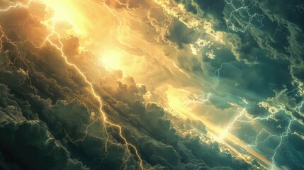 Wall Mural - a cloudy sky with lightning bolts illuminating the dark blue clouds, perfect for use in weather or s