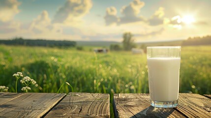 Poster - Milk Product, clean glass, wooden table top with meadow, farm and cows on a grass green field during the summer, morning light in background. for display or montage products