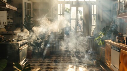 Aufkleber - Smoky haze filling a room from a malfunctioning kitchen appliance, with concerned occupants.