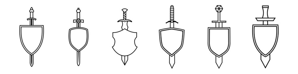 Wall Mural - Shield and sword icon vector set. Shield illustration sign collection. Sword symbol or logo.