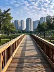 Poster - Urban Park Bridge Leading to Skyscrapers