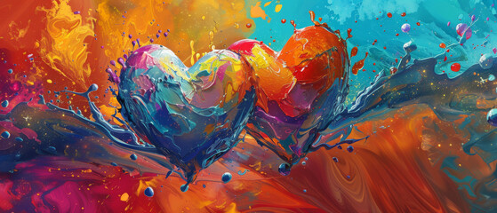 Wall Mural - Abstract Painting of Two Hearts in a Colorful Splashes of Paint