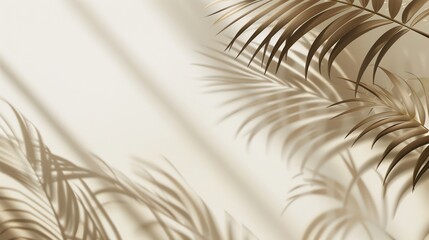 Wall Mural - Background with blurred shadows created by palm leaves on light cream wall. Minimalistic spring summer background.