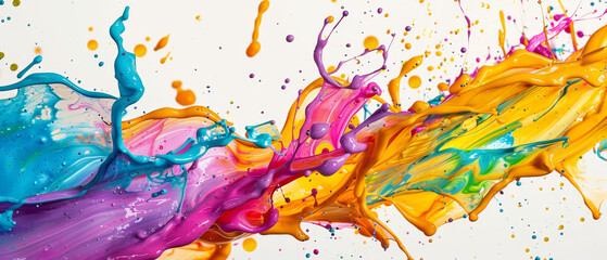 Wall Mural - Colorful Paint Splashes In Mid-Air On A White Background