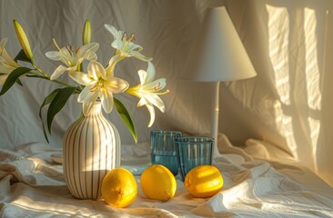 A vase of flowers and blue glasses create a stylish summer still life