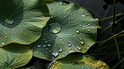 Aufkleber - Water droplets forming patterns on the surface of a lotus leaf in a serene pond