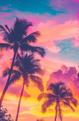 Wall Mural - Abstract sunset sky cloud background with tropical palm tree.