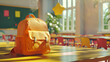 © Alina - Bright orange school backpack on a desk in a sunny classroom