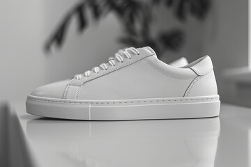 A white leather sneaker with a simple design sits on a white surface, reflecting light. Generative AI