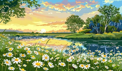 Wall Mural - Sunset on a summer spring natural landscape with a lake and wildflowers.