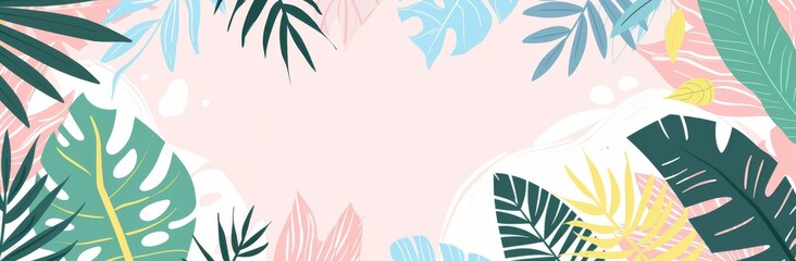 Wall Mural - An abstract background banner made of tropical palm branches in green and pink color tones. Design for banner poster decoration. Flat style. Modern illustration.