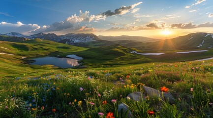 Scenic landscape with rolling green hills and a vibrant flower field under a blue sky with fluffy white clouds