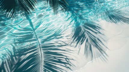 Wall Mural - Top view photo of water surface with shadows of tropical leaves. Shadows of palm leaves on the white sand beach Beautiful abstract background concept banner for summer vacation at the beach.