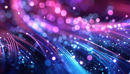 Poster - Glowing neon light fibers with soft pink and blue blurred bokeh background
