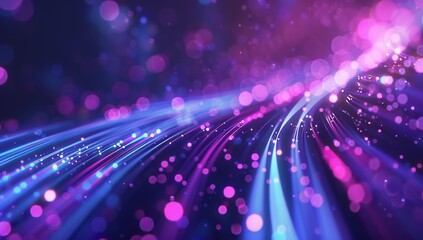 Poster - Glowing neon light fibers with soft pink and blue blurred bokeh background