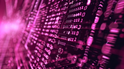 Fototapete - A close-up of a digital screen displaying pink code and glowing light, creating a futuristic and abstract background.
