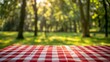 © Bundi - Summer picnic with red and white checkered tablecloth on blurred background of green park with trees.
