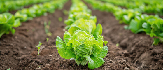 Canvas Print - A field of lettuce is growing in the dirt