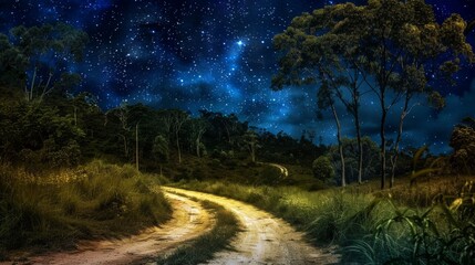 Wall Mural - The trail through the countryside at night is framed by a beautiful country landscape. Stock image.