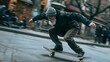 © Sirichat. Camphol - Photo of an old man skateboarding fast outside in the street.