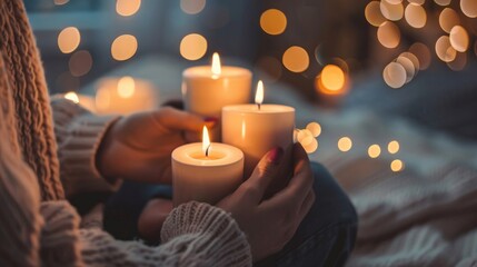 A relaxing evening routine with a person lighting scented candles and preparing for a calming night