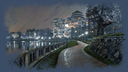 Expressive oil painting sketch of modern residential building and empty lit pavement on city lake embankment at dusk. Night cityscape impressionist digital art illustration from my own photo.