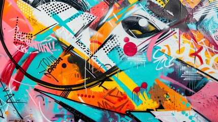 Colorful photographs come to life on this street art mural. Express your artist's creativity through a combination of text and graffiti. Full Frame.