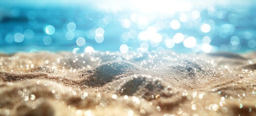 Wall Mural - Beach Summer Defocused Background With Glittering Sunlights And Sand With Blue Sea