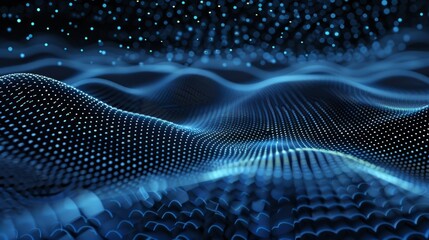 Waves of dots and lines weave Abstract blue background for designs on topics of cyberspace, big data, metaverse, network security, data transfer on dark blue abstract cyberspace background.
