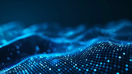 Waves of dots and lines weave Abstract blue background for designs on topics of cyberspace, big data, metaverse, network security, data transfer on dark blue abstract cyberspace background.