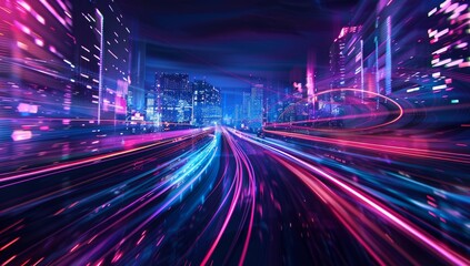 Poster - Futuristic glowing neon lights in vibrant colors form a curved tunnel with a starry background
