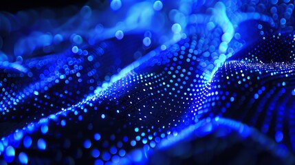 Waves of dots and lines weave Abstract blue background for designs on topics of cyberspace, big data, metaverse, network security, data transfer on dark blue abstract cyberspace background.