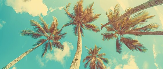 a blue sky and palm trees panorama from below, as seen from the ground, tropical travel banner with 