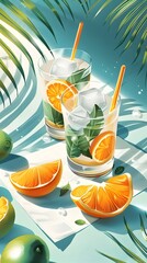 Sticker - Refreshing Citrus and Mint Mocktail with Tropical Foliage Backdrop