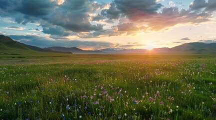 Wall Mural - Scenic Mountain Meadow Landscape with Vibrant Flowers and Sunset