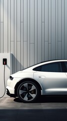 Modern White Car Charger on Wall with Electric Vehicle Nearby, Minimalist Aesthetic