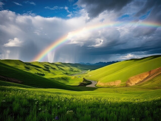 Sticker - Majestic Rainbow Arching Over Verdant Rolling Hills