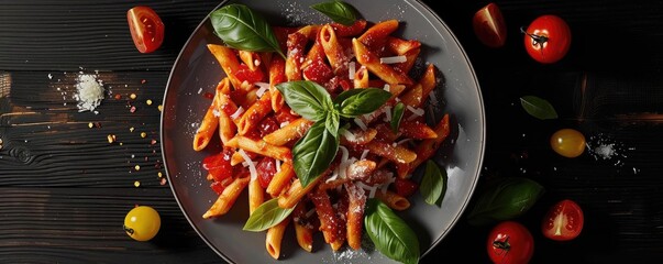 Wall Mural - Delicious plate of penne pasta with tomato sauce, fresh basil, and parmesan on a dark wooden table with scattered tomatoes and basil leaves.