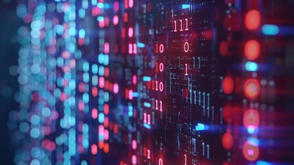 Poster - A close-up view of a wall covered in glowing binary code. Red and blue lights illuminate the surface, creating a vibrant and abstract pattern.
