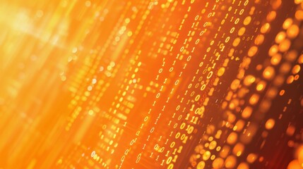 Fototapete - Abstract background with a close-up of binary code in white against a gradient of orange and red with bokeh lights.