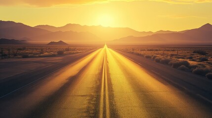 Canvas Print - Desert Road at Sunset with Golden Sky