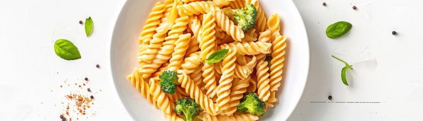 Wall Mural - Delicious plate of fusilli pasta with green basil leaves and sprinkled spices, beautifully presented on a white background.