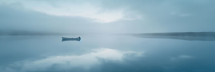 Sticker - Tranquil Dawn with Solitary Boat on Misty Lake