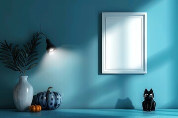 A single frame mockup with a black cat ornament on a bright blue wall, spotlight highlighting the Halloween decor.