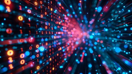 Leinwandbilder - A digital tunnel filled with binary code and glowing red and blue lights.