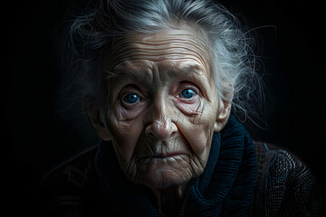 Face of sad very old woman on dark background