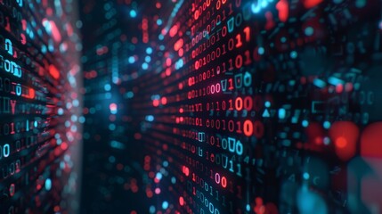 Fototapete - A close-up shot of binary code streaming across a screen, with glowing red and blue lights.