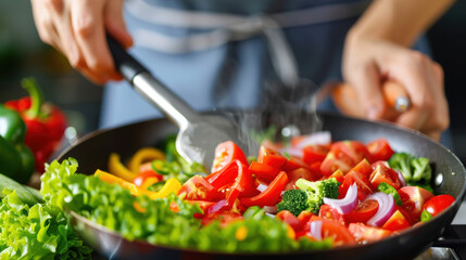 Canvas Print - A person is cooking a vegetable stir fry in a pan